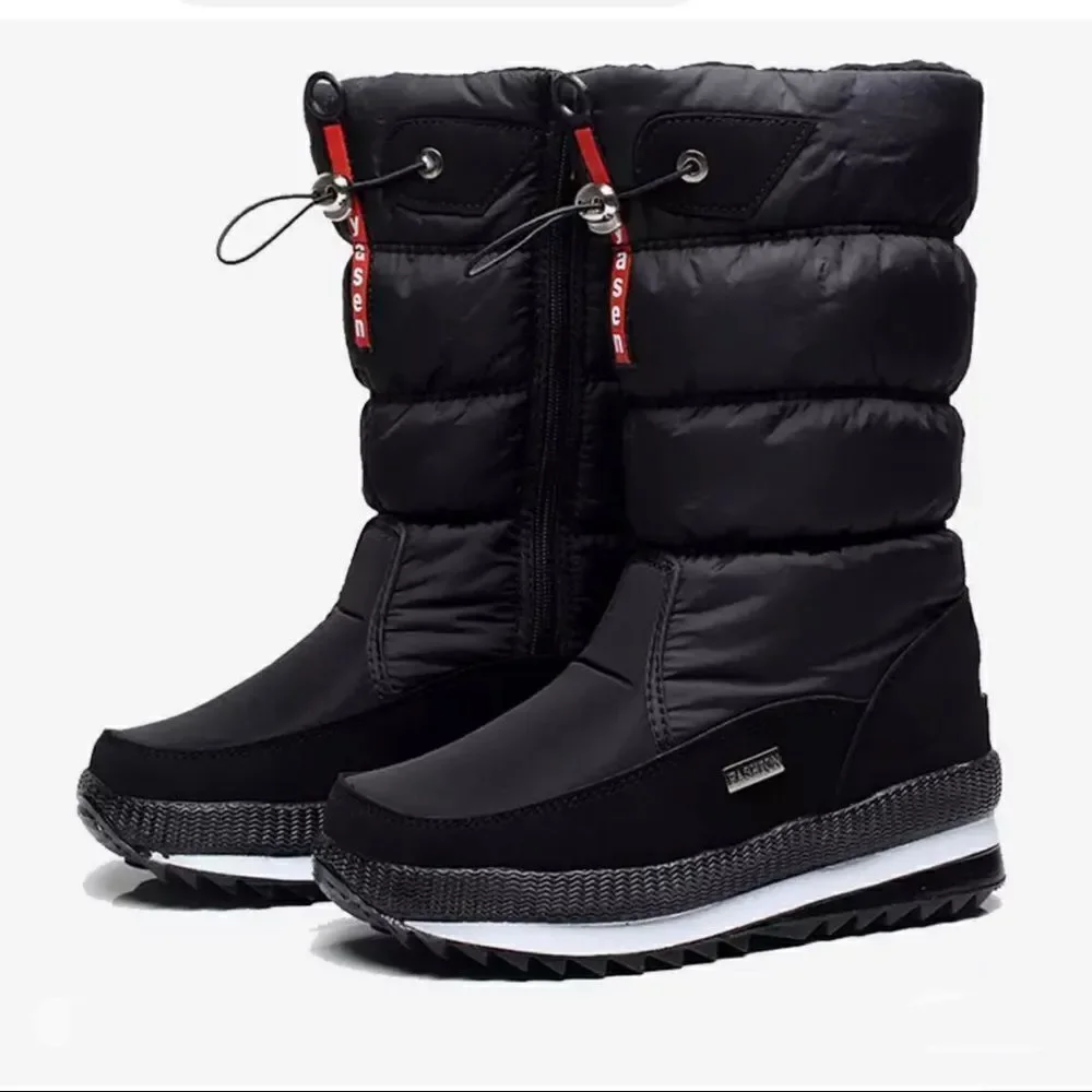 SNOW boots fleece lined platform black waterproof cotton NWOT